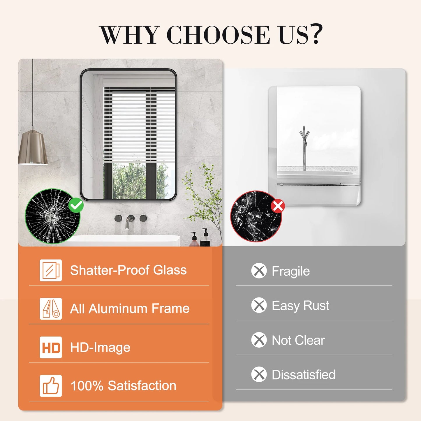 Matte Metal Framed Bathroom Mirror for Wall, Tempered Glass