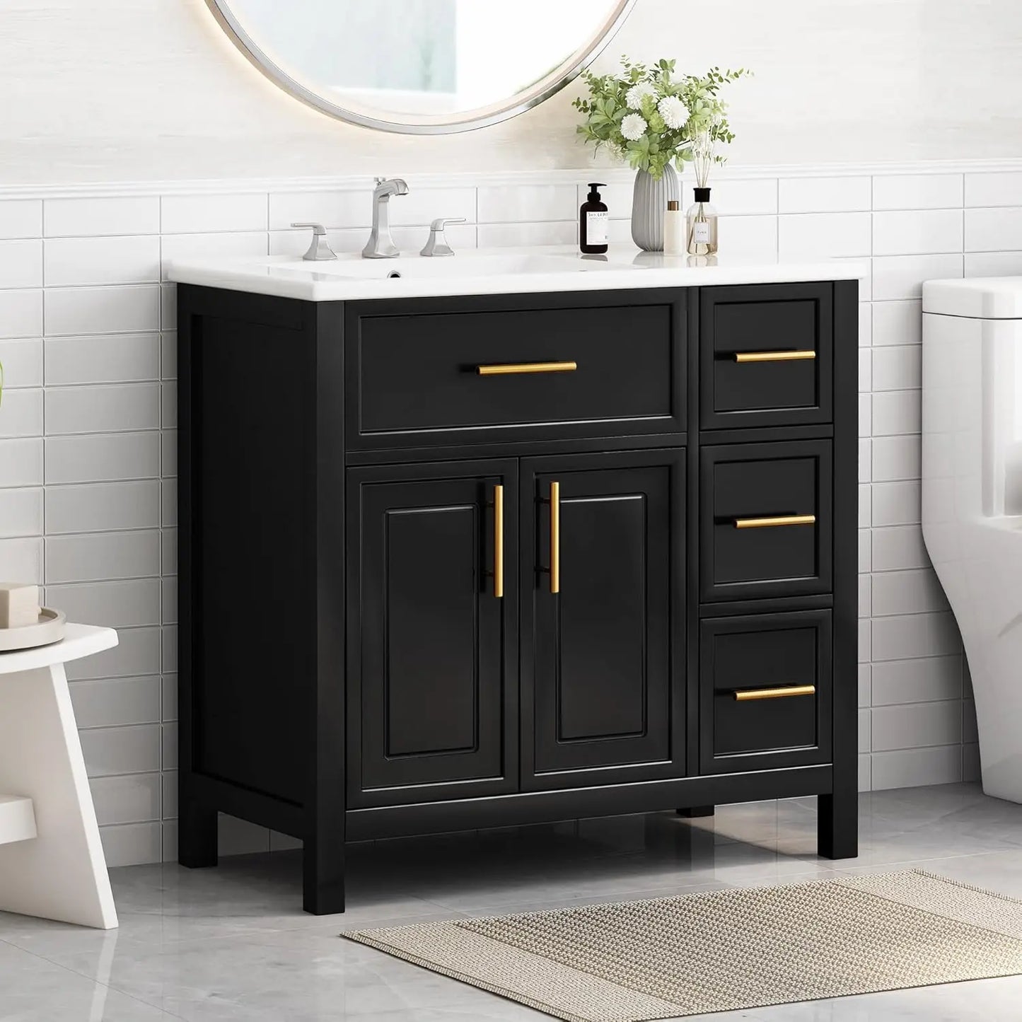 36 inch Bathroom Vanity with Sink, Wood Storage Cabinet with 3 Drawer, 1 Bottom Divider Drawer