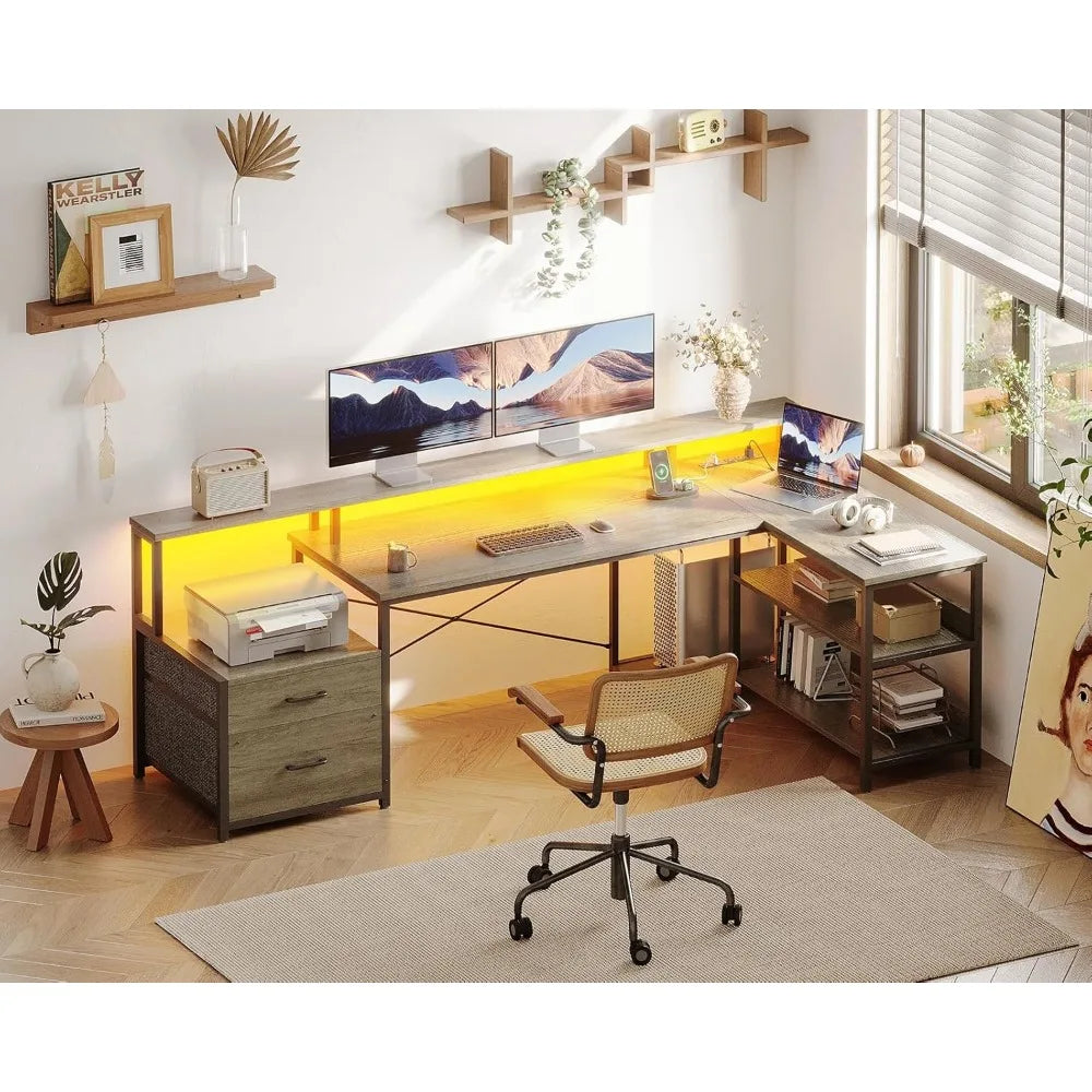 L Shaped Computer Desk with File Drawer, Power Outlet & LED Strip