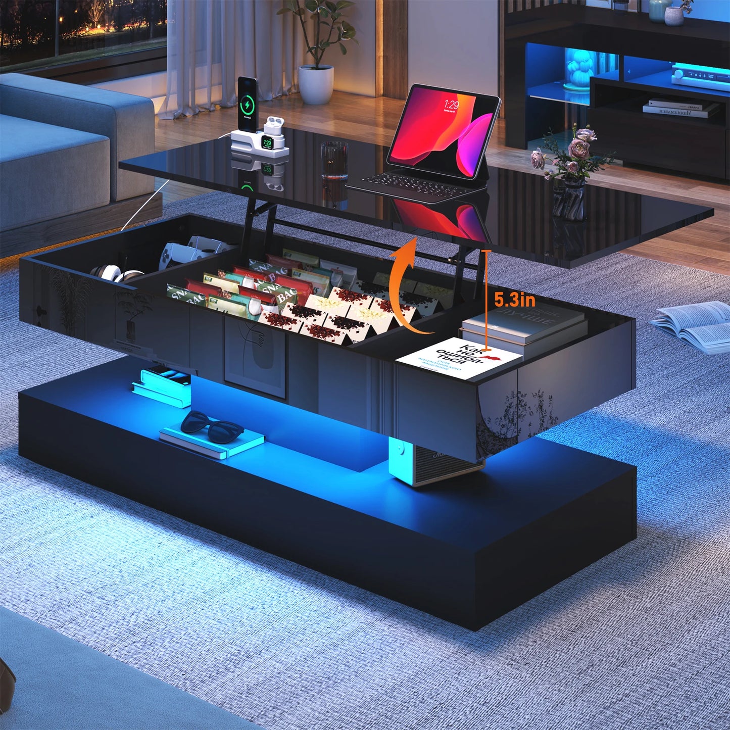 High Glossy LED Coffee TableOpen Display Shelf & Large Storage Space