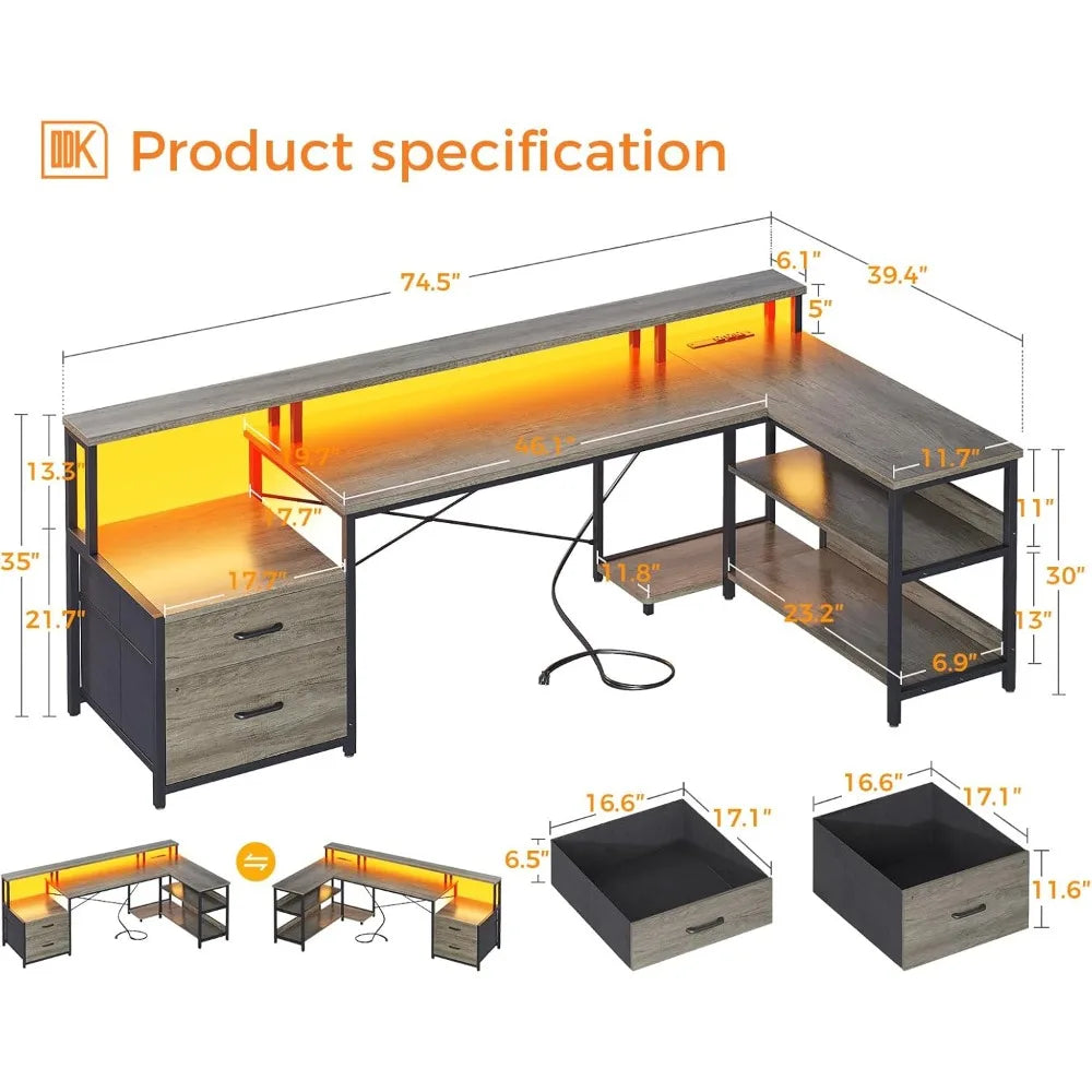 L Shaped Computer Desk with File Drawer, Power Outlet & LED Strip