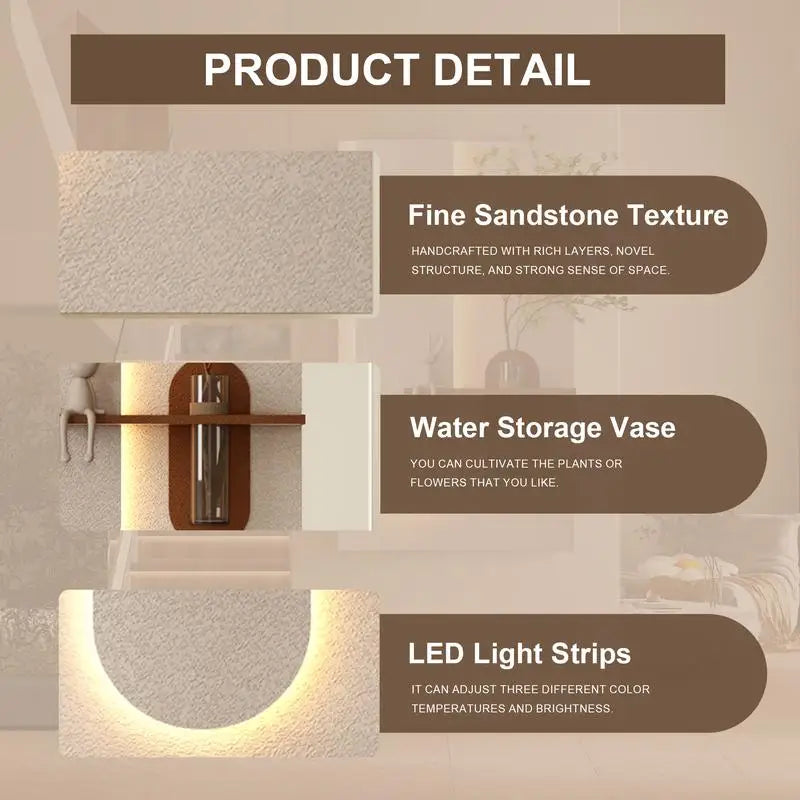 Adjustable 3-Color LED Sandstone Wall Decor with Simulated Green Plants, 3D Art Sculpture, Glass Vase & Rabbit Statue