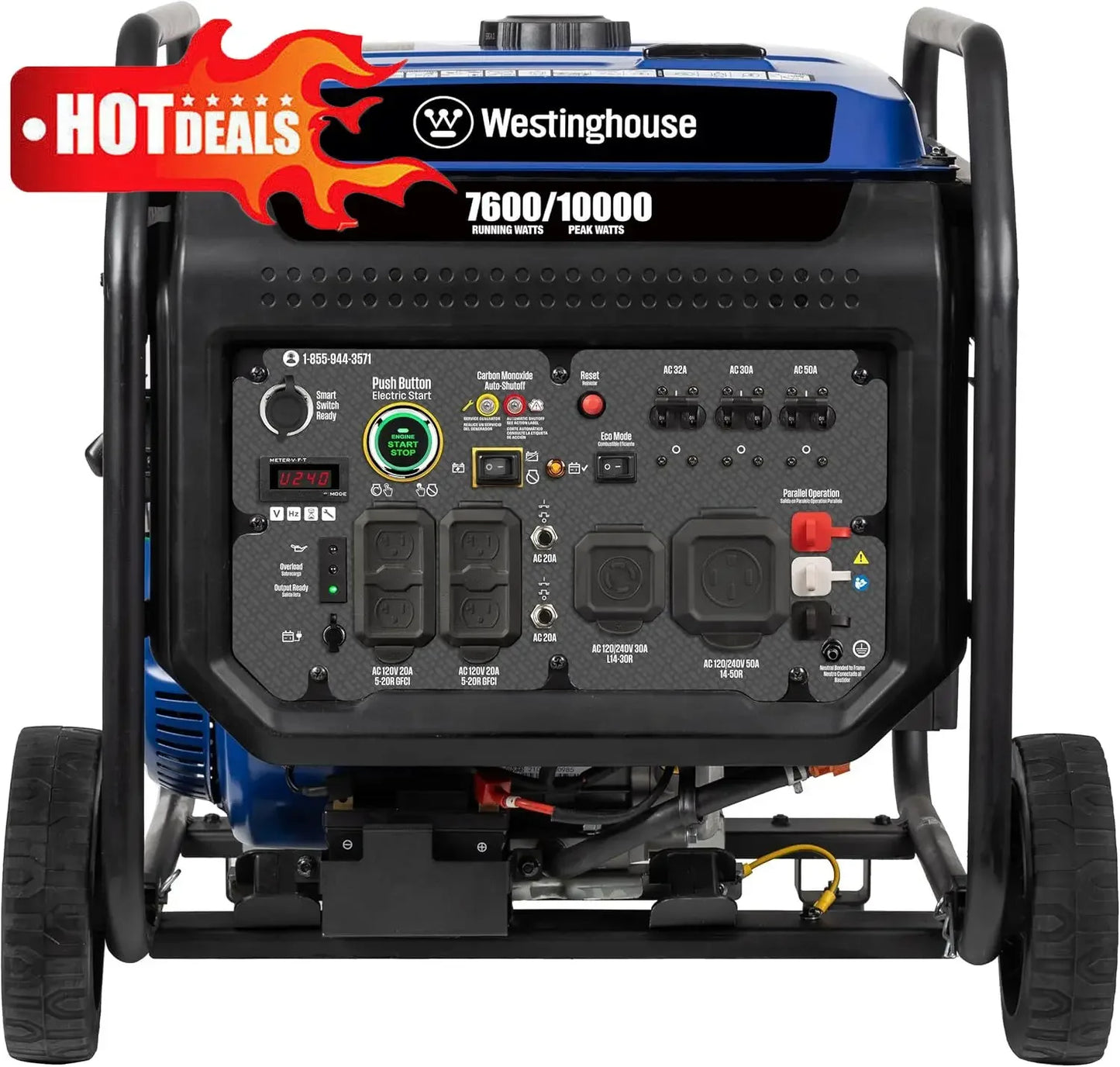 10000 Peak Watt Portable Open Frame Inverter Generator, Remote Electric Start with Auto Choke, Transfer Switch Ready