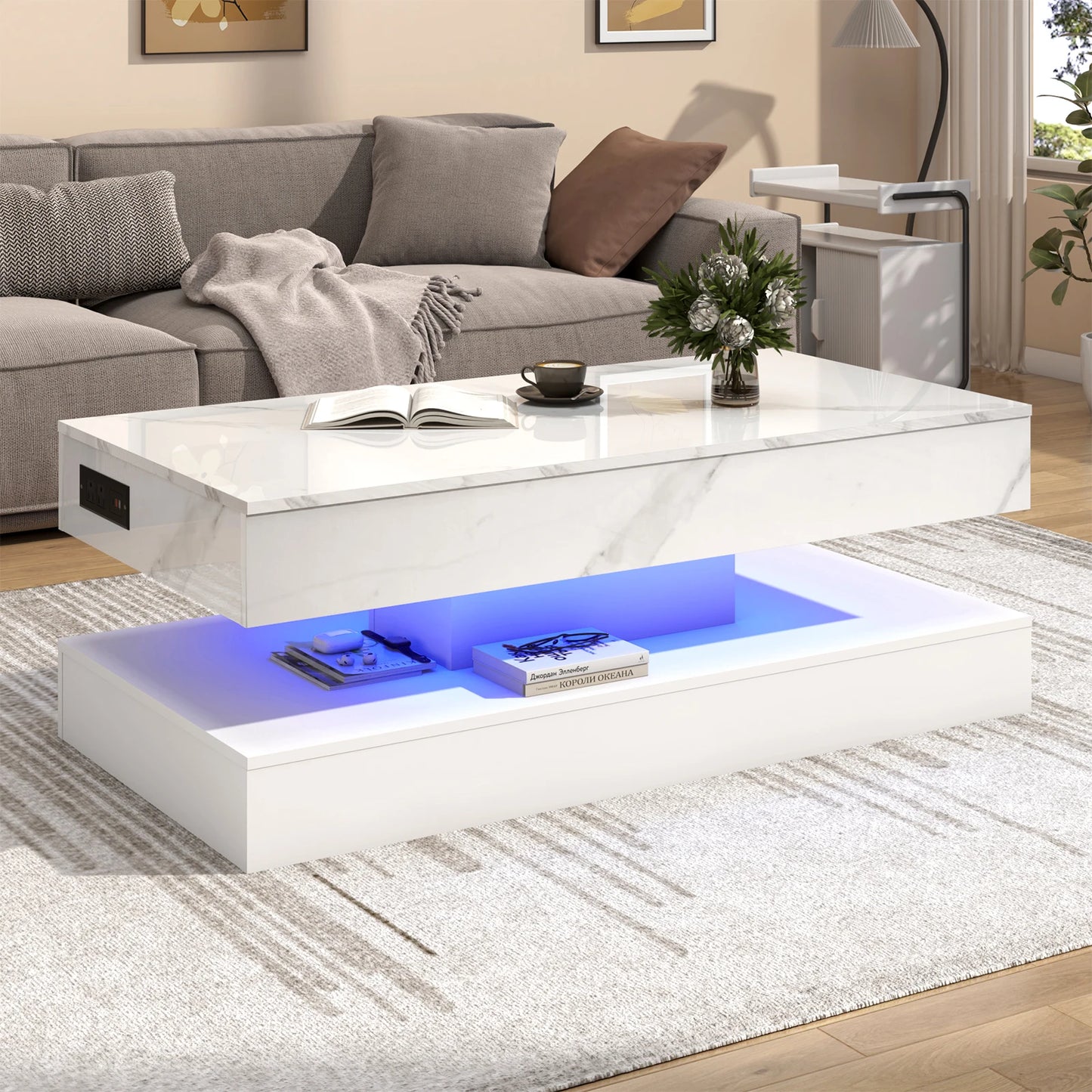 High Glossy LED Coffee TableOpen Display Shelf & Large Storage Space