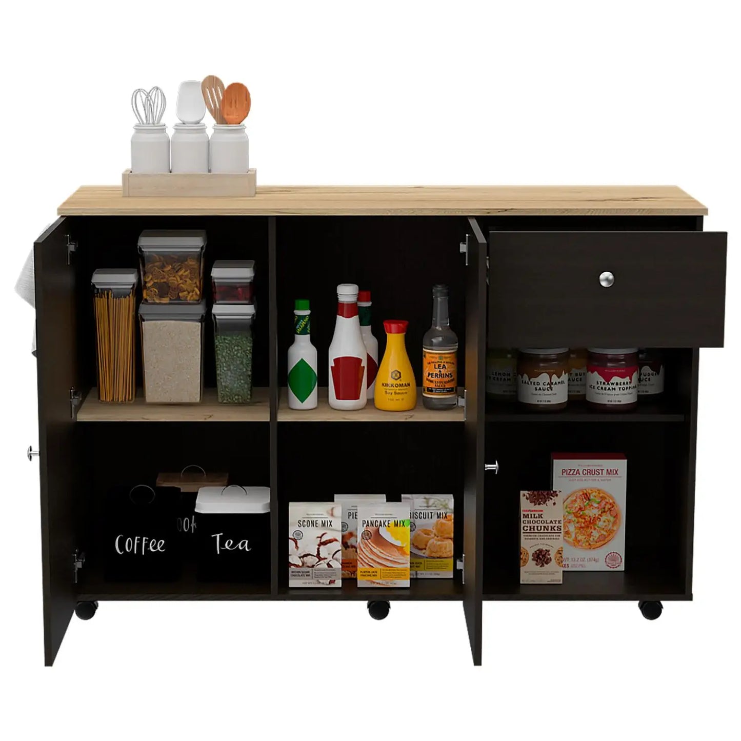Kitchen Island Cart Victoria, Four Interior Shelves, Six Carters, One Drawer, Double Door Cabinet Black