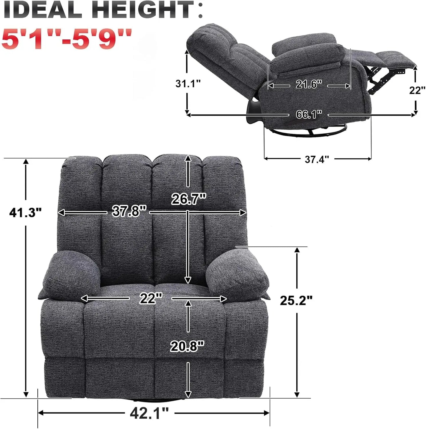 Oversized Extra Large Recliner Rocker Chair; Extra Wide; Manual Swivel Recliner