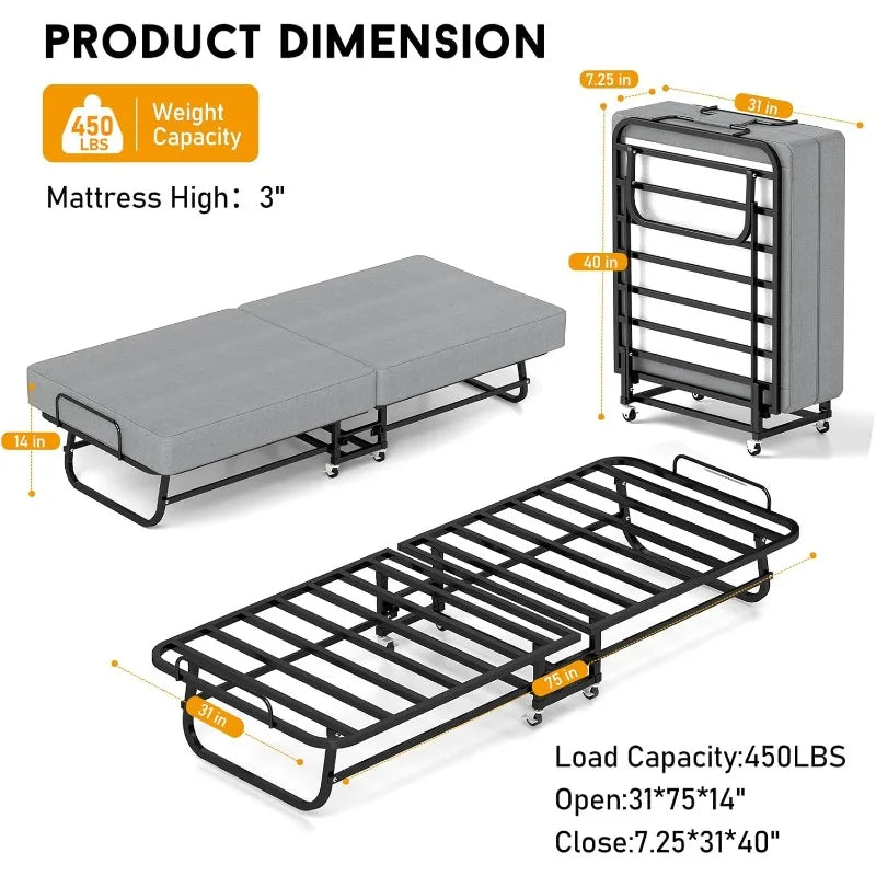 Folding Bed with Mattress, Metal Frame