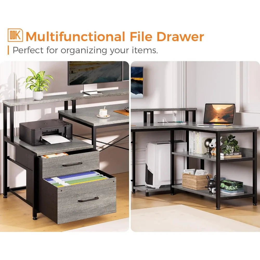 L Shaped Computer Desk with File Drawer, Power Outlet & LED Strip