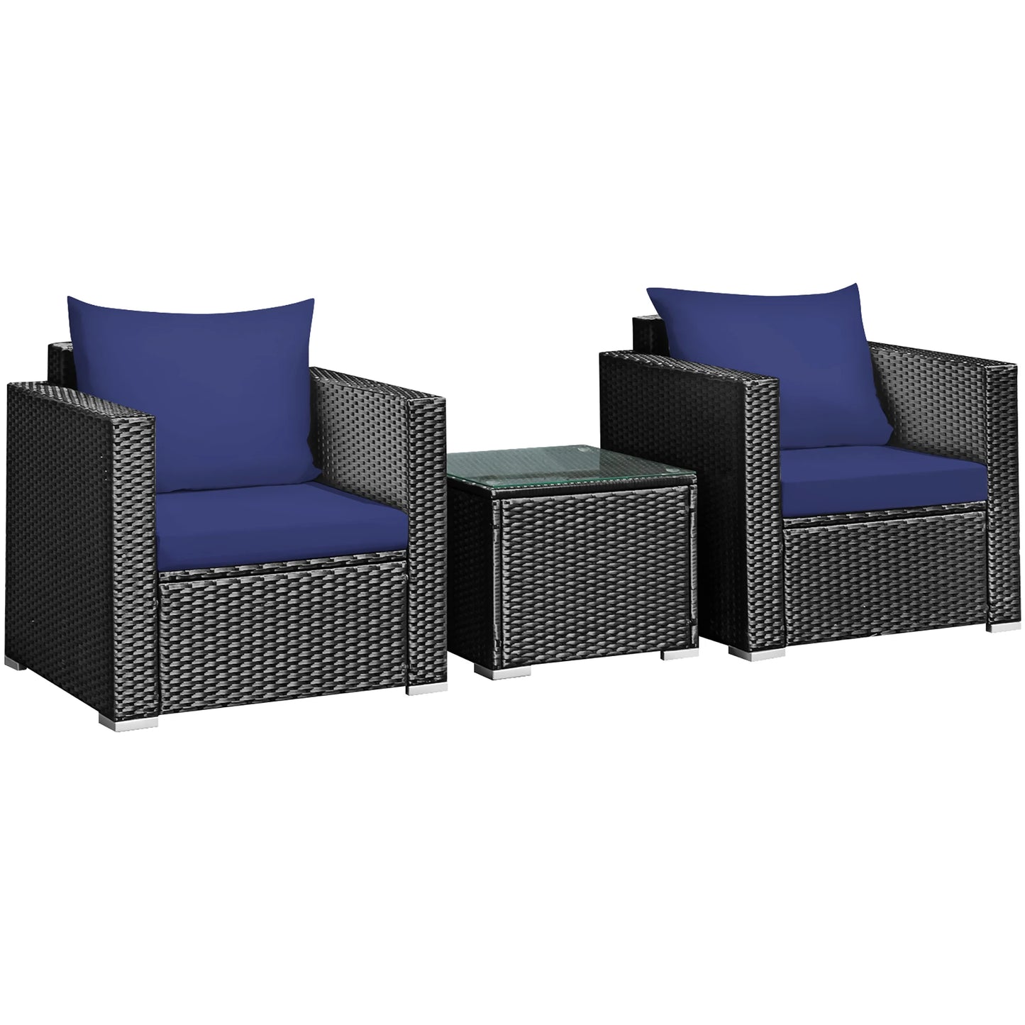 3PCS Patio Rattan Wicker Furniture Set Sofa Table W/Cushion Navy Blue
