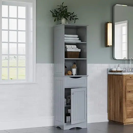 Storage Cabinet; Freestanding; Three Open Shelves and Drawer