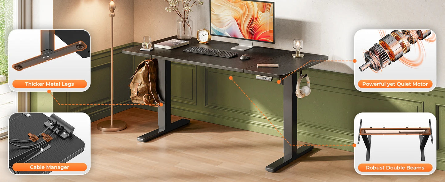 Large Electric Standing Desk 55 x 28 Height Adjustable Computer Desk 27.6 Deep Desktop with 2 Hooks for Home Office Black