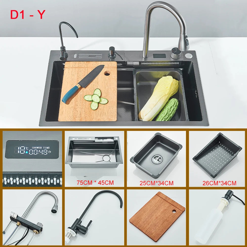 Multifunctional Kitchen Waterfall Sink Digital Display; 304 Stainless Steel