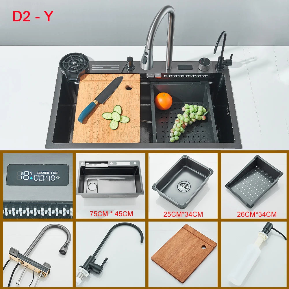 Multifunctional Kitchen Waterfall Sink Digital Display; 304 Stainless Steel