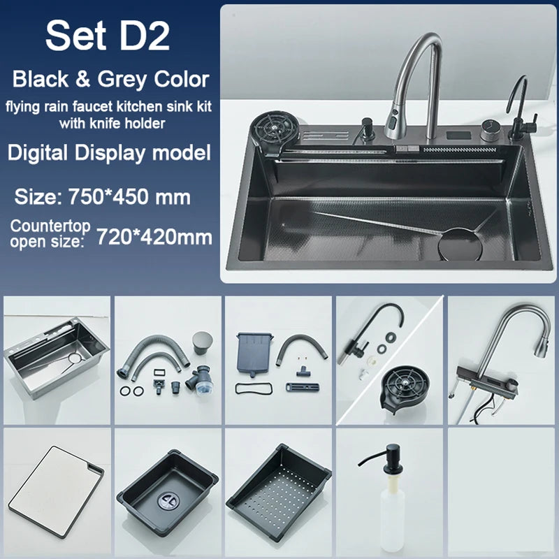 304 Stainless Steel Kitchen Sink with Digital Display Waterfall Faucet, Multifunctional Large Single Slot Whale Sink