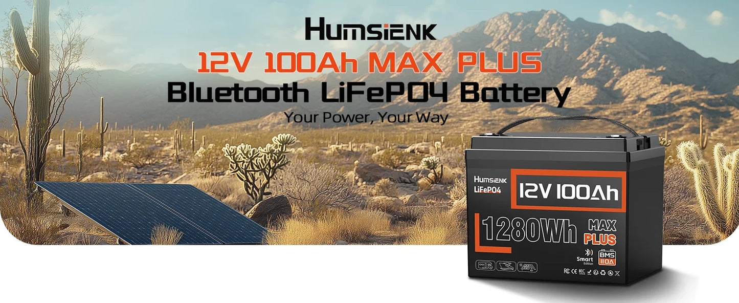 12V 100AH LiFePO4 Lithium Battery With Bluetooth Monitor Battery info 1280Wh For RV, Camper, Golf Cart, Trolling Motor