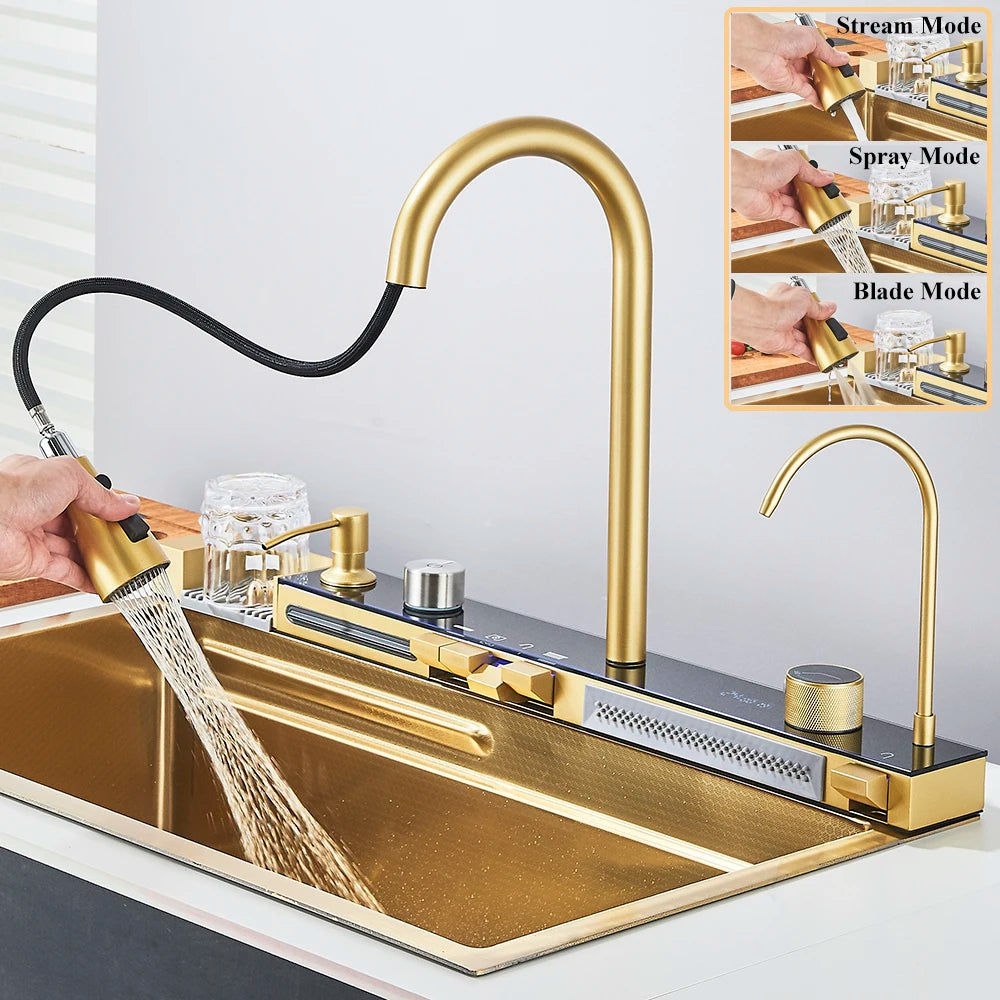 Multifunctional Kitchen Waterfall Sink Digital Display; 304 Stainless Steel