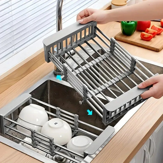 Adjustable Over-The-Sink Dish Drying Rack with Stainless Steel Drain Basket
