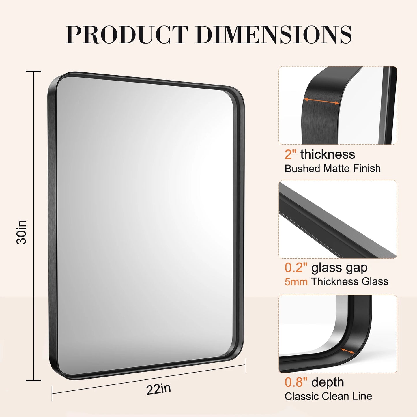 Matte Metal Framed Bathroom Mirror for Wall, Tempered Glass