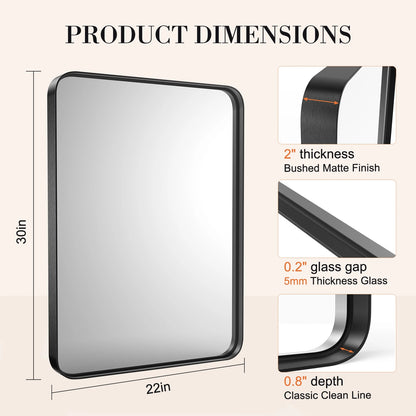 Matte Metal Framed Bathroom Mirror for Wall, Tempered Glass