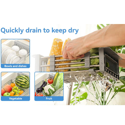 Adjustable Over-The-Sink Dish Drying Rack with Stainless Steel Drain Basket