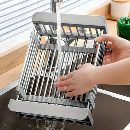Adjustable Over-The-Sink Dish Drying Rack with Stainless Steel Drain Basket