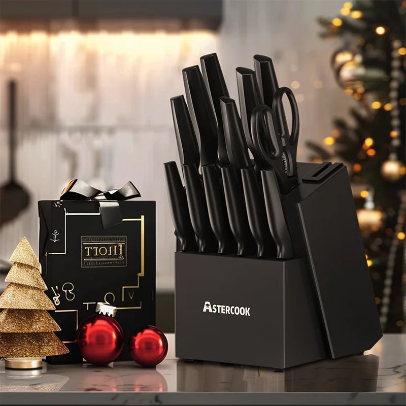 Kitchen Knife Set with Built-in Sharpener 15 Pieces Stainless Steel