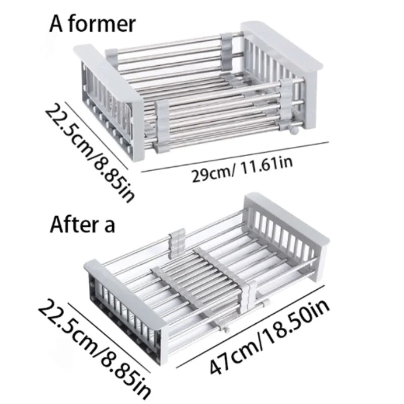 Adjustable Over-The-Sink Dish Drying Rack with Stainless Steel Drain Basket