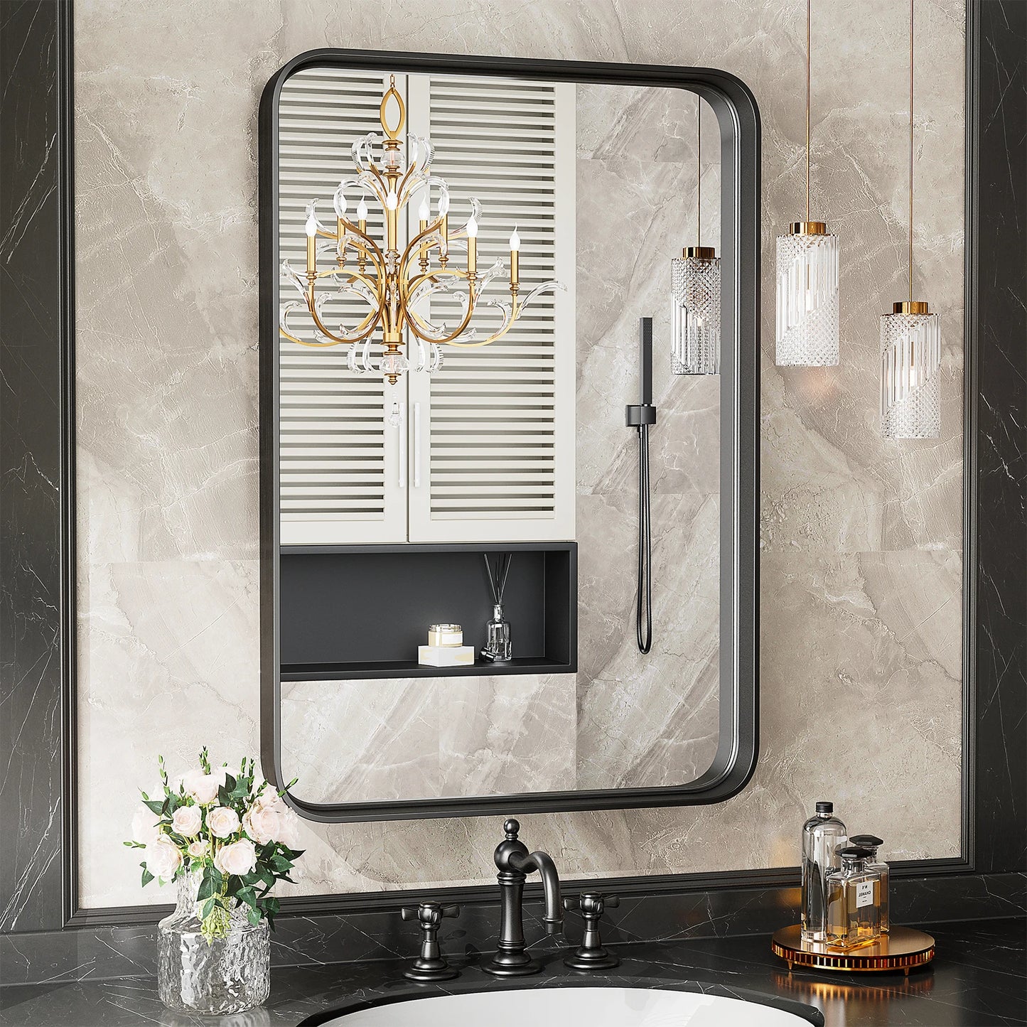 Matte Metal Framed Bathroom Mirror for Wall, Tempered Glass