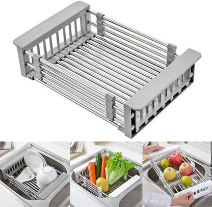 Adjustable Over-The-Sink Dish Drying Rack with Stainless Steel Drain Basket