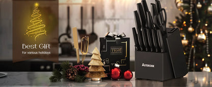 Kitchen Knife Set with Built-in Sharpener 15 Pieces Stainless Steel