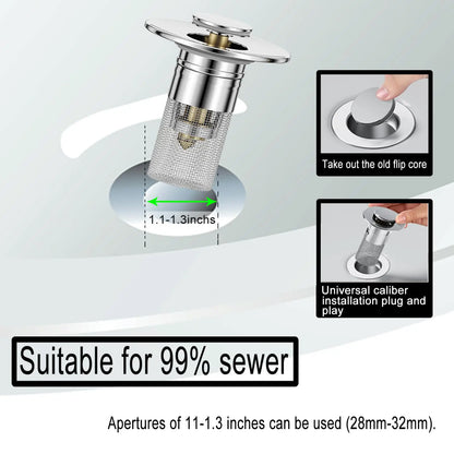 Bathroom Sink Drain Strainer - Pop-Up Filter with Removable Stainless Steel Hair Catcher