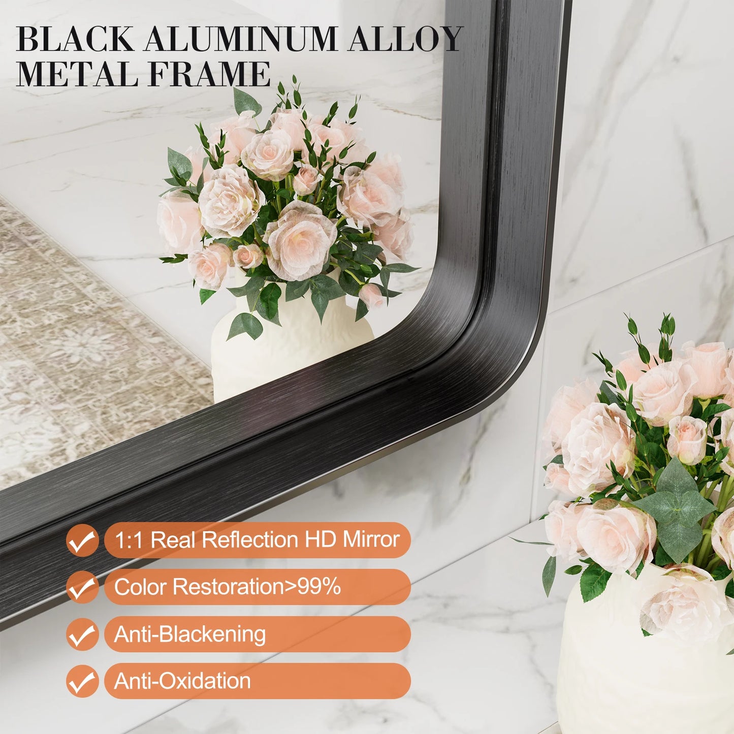 Matte Metal Framed Bathroom Mirror for Wall, Tempered Glass