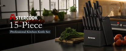 Kitchen Knife Set with Built-in Sharpener 15 Pieces Stainless Steel