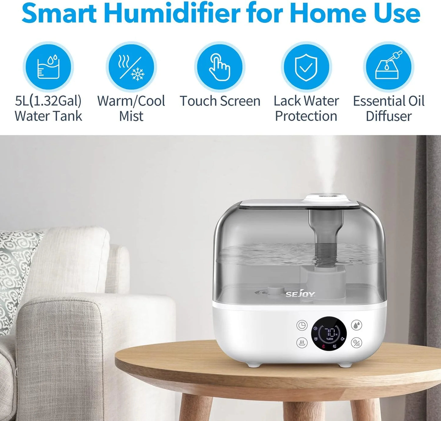 SEJOY 5L Humidifiers for Bedroom Large Capacity Low Noise for Home Office Ultrasonic Mist Humidifier