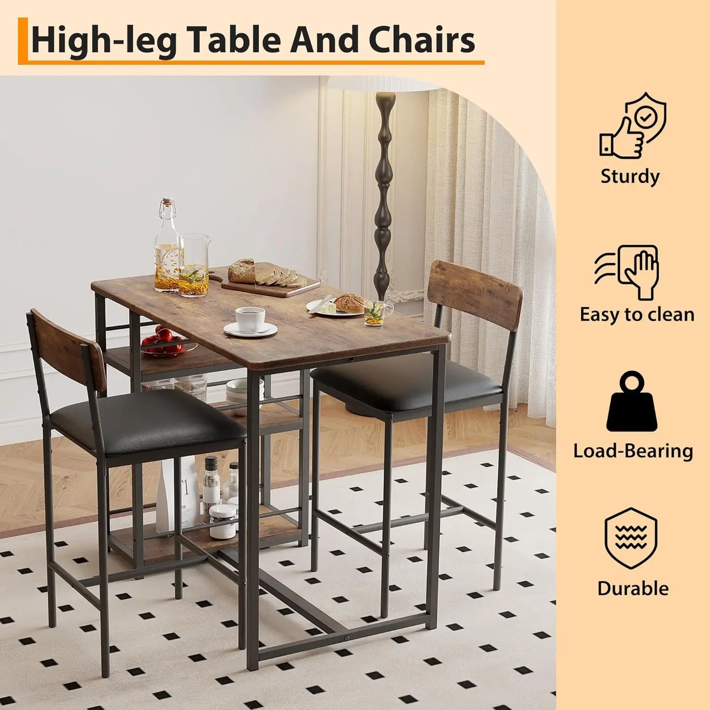 3-Piece Bar Table and Chairs Set with 3 Tier Storage Shelves,  with PU Cushion Bar Chairs