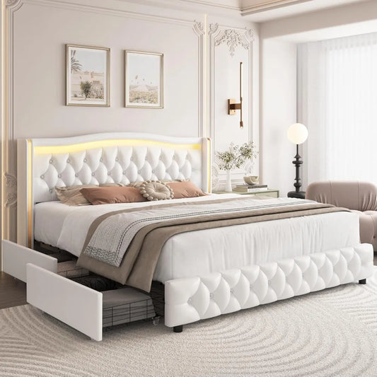 Full Size Smart LED Platform Bed Frame; 4 Storage Drawers; Gold Trim Wingback Headboard,