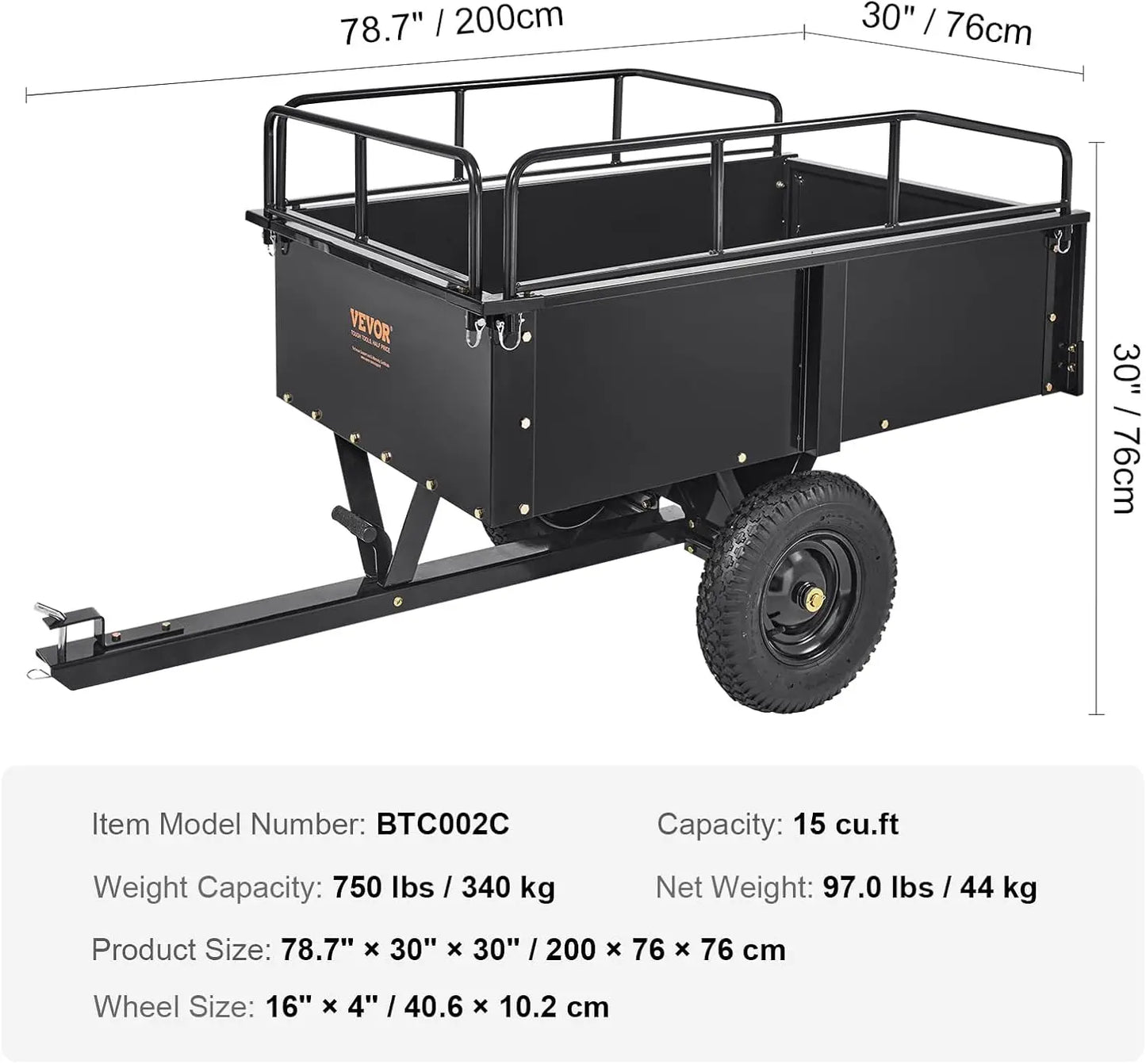 Heavy Duty ATV Dump Cart 750 lbs, 15 Cubic Feet Utility with Removable Sides