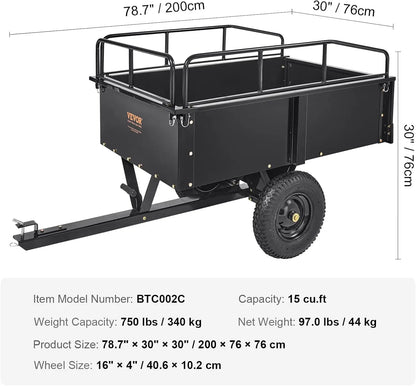 Heavy Duty ATV Dump Cart 750 lbs, 15 Cubic Feet Utility with Removable Sides