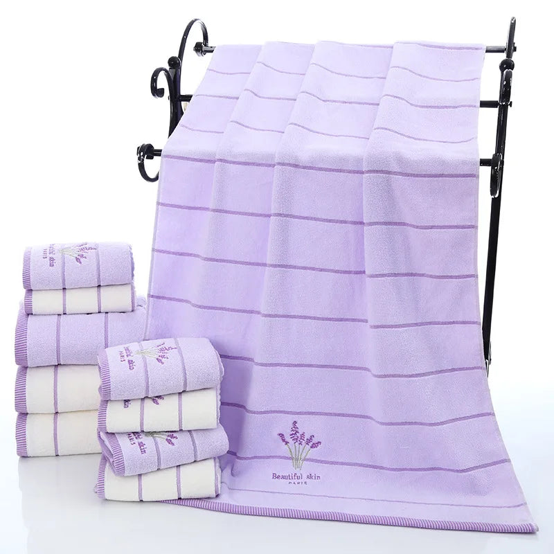 Luxury White / Lavender Cotton Bath Towel & Two Face Towels