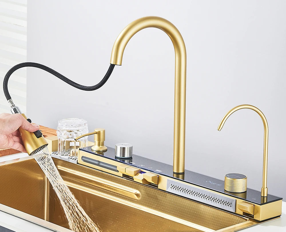 Multifunctional Kitchen Waterfall Sink Digital Display; 304 Stainless Steel
