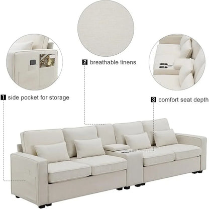 Linen Fabric Sectional Sofa with Console,114.2inch  4-Seat Couch with 4 Pillows