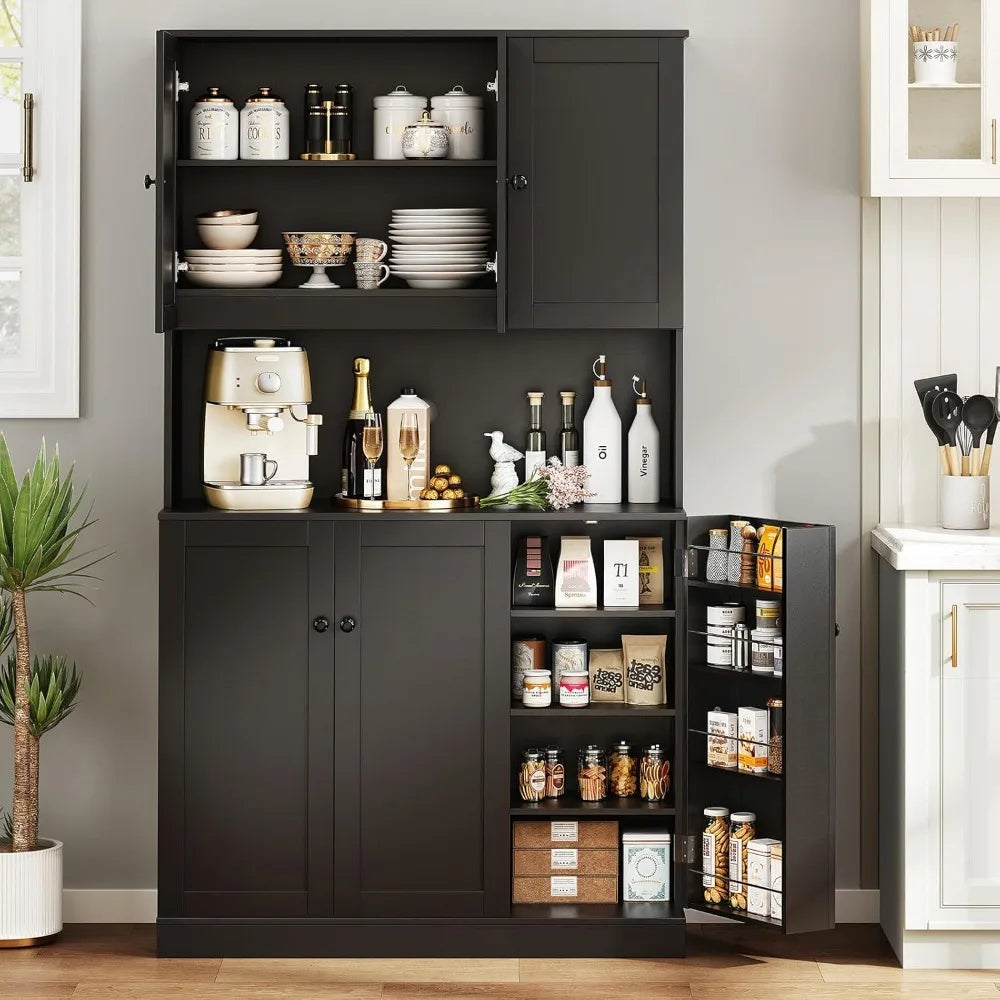 71" Tall Pantry Storage Cabinet with Microwave Stand & Door Shelf,  6 Doors