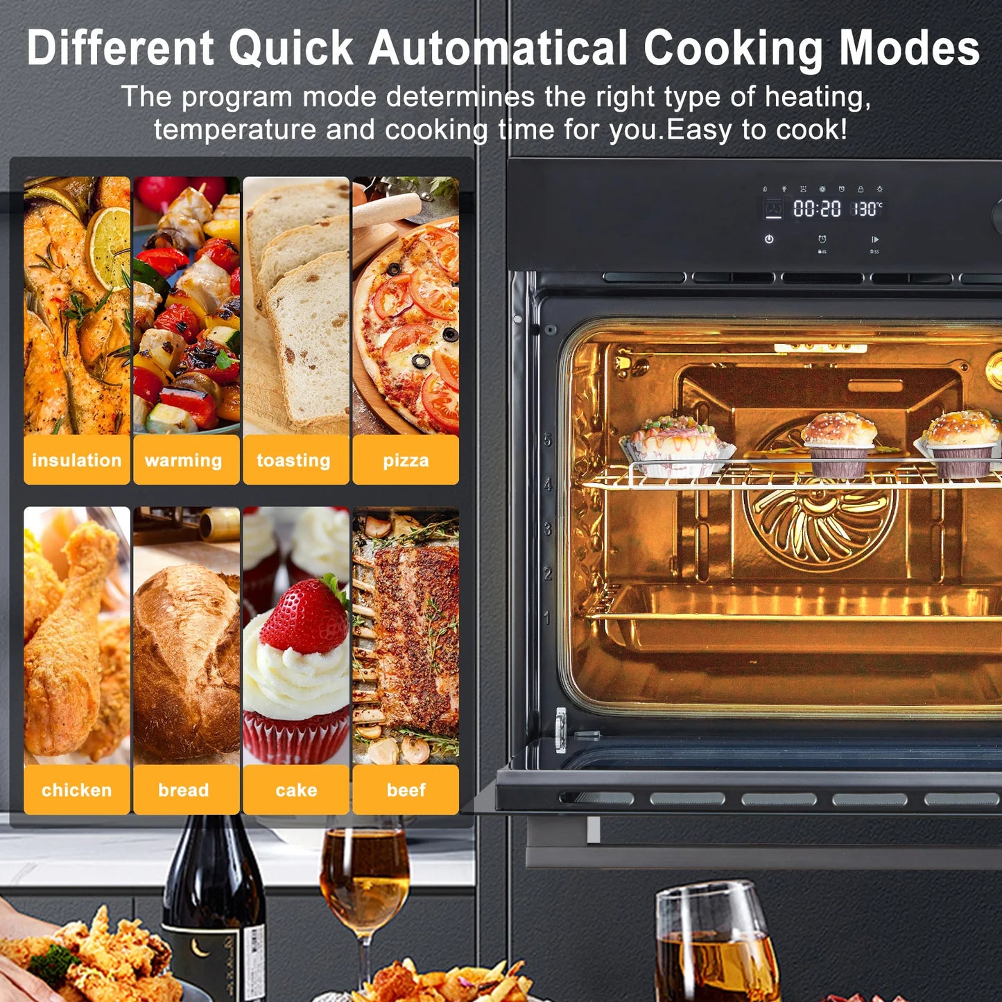 24" Single Wall Oven Built-in Electric Oven 2.5 Cu.ft Stainless Steel Steam Bake Air Fry 8 Preset Modes Sensor Touch Control