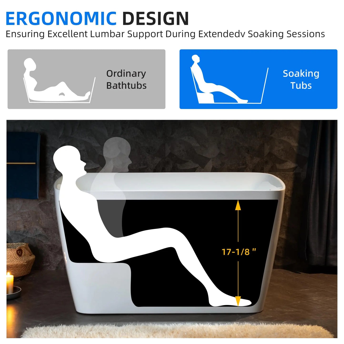 49'' Acrylic Freestanding Soaking Bathtub, Square-shape Japanese Soaking Hot Tub, Sit-In Design with Chrome Overflow