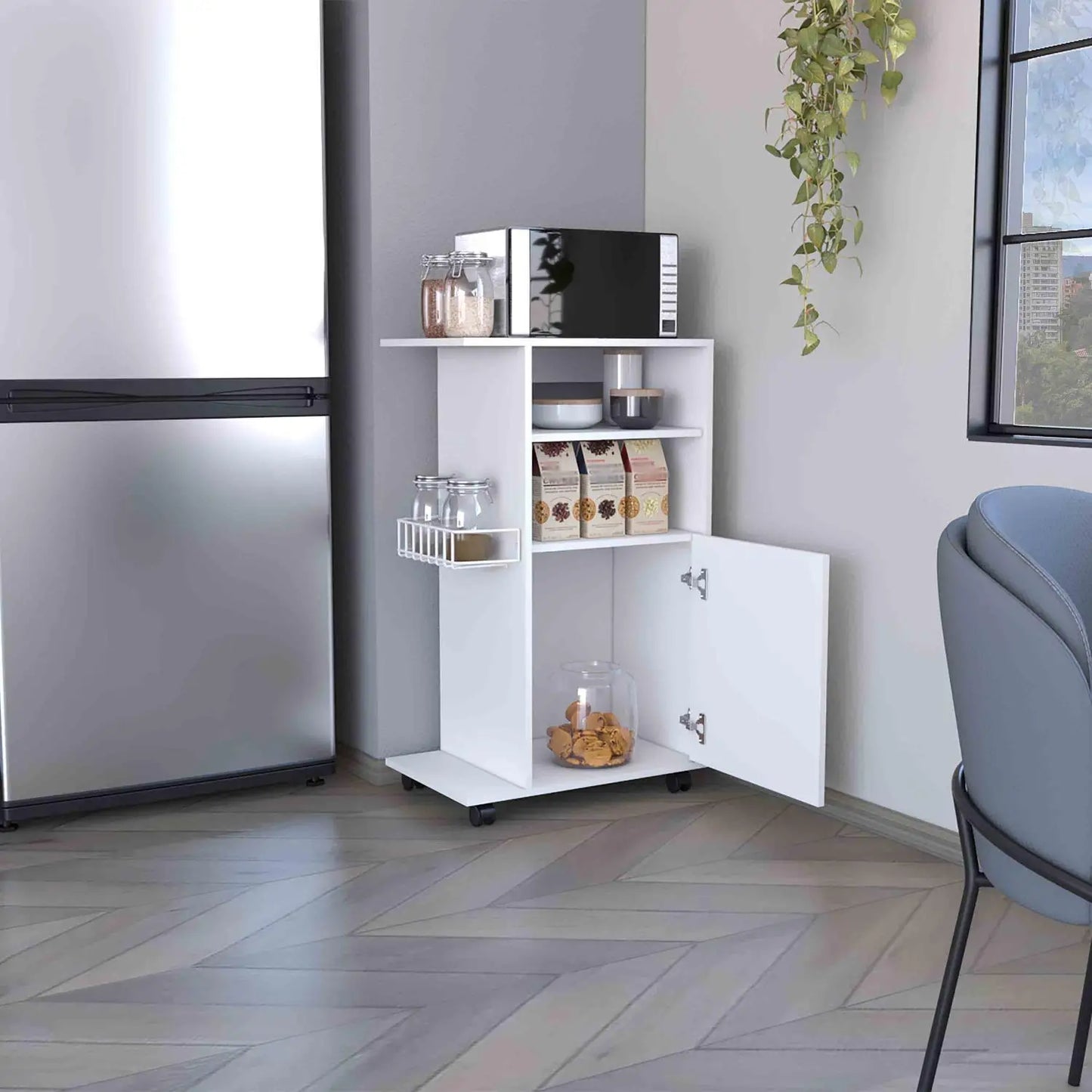 Clip Kitchen Cart, Single Door Cabinet, Four Casters White