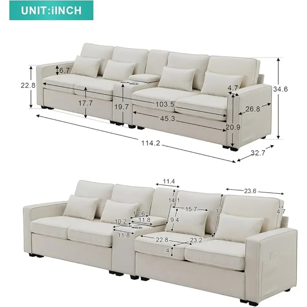 Linen Fabric Sectional Sofa with Console,114.2inch  4-Seat Couch with 4 Pillows