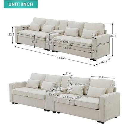 Linen Fabric Sectional Sofa with Console,114.2inch  4-Seat Couch with 4 Pillows