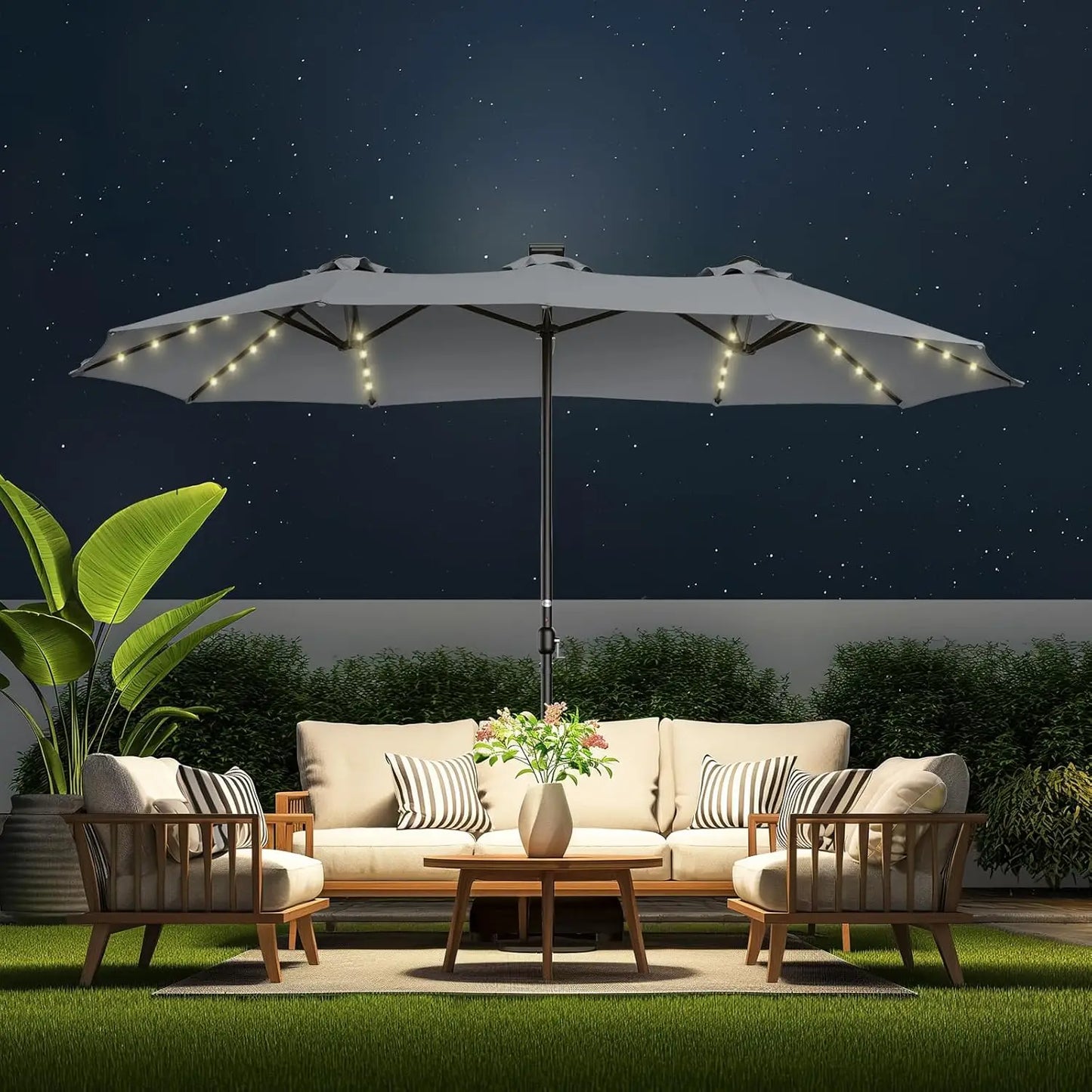Double Sided Patio Umbrella - 13ft Solar Lights LED Lighted with Base Included