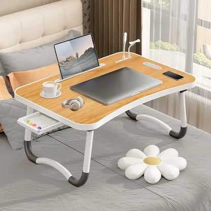 Portable Laptop Desk with USB Light, Small Fan, Cup Holder, Tablet Slot, and Lifting Handle