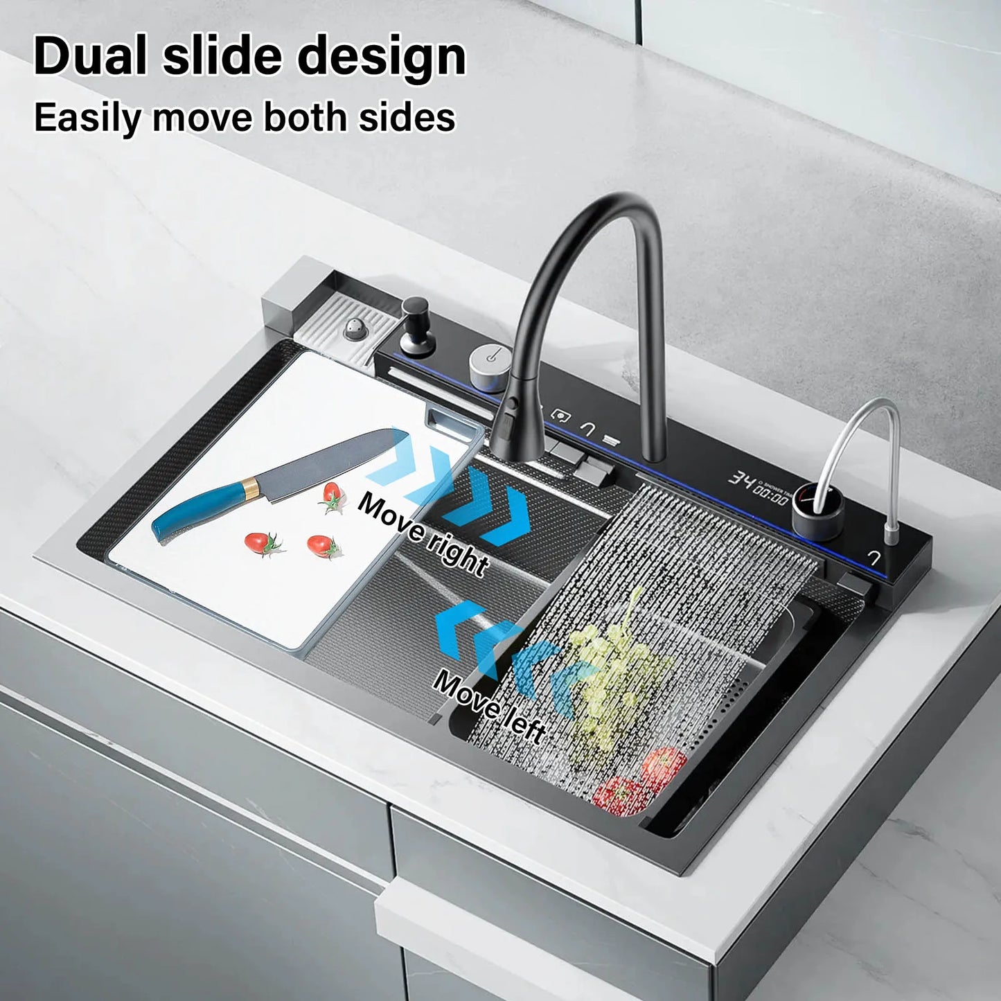 304 Stainless Steel Kitchen Sink with Digital Display Waterfall Faucet, Multifunctional Large Single Slot Whale Sink